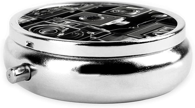Pill Box 3 Compartment Medicine Pill Organizer Retro Cool Camera Collection Round Pill Case for Purse & Pocket Travel Pillbox Portable Metal Medicine Vitamin Fish Oil Organizer Unique Gift