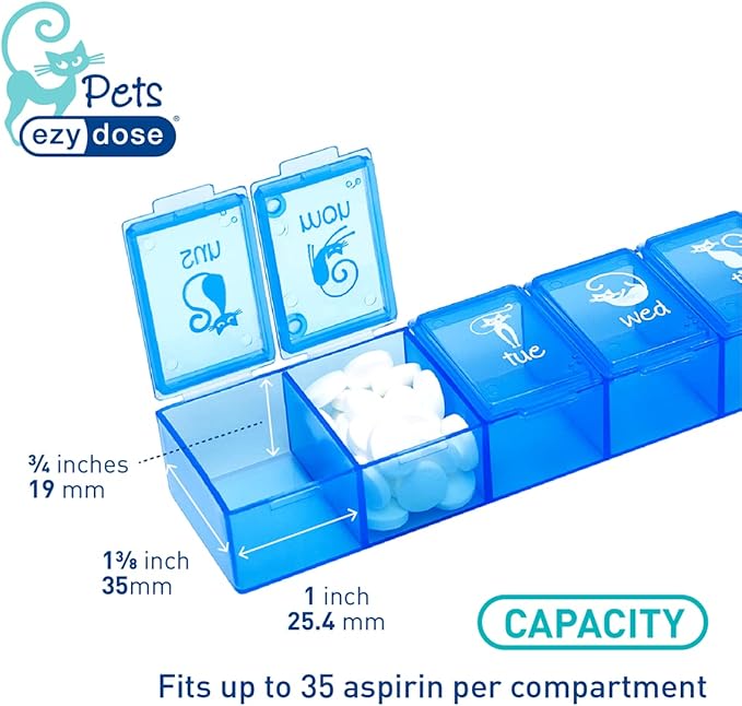 EZY DOSE Pets Weekly (7-Day) Pill Case, Medicine Planner, Vitamin Organizer Box for Dogs, Convenient and Easy to Use, X-Large Compartments, Convenient for Treats, Travel Friendly, Blue Lids, BPA Free