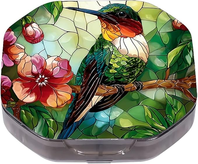This Portable Vintage Stained Glass Hummingbird Pattern 4-Compartment Pillbox Can Be Placed in A Pocket Or Wallet to Store Vitamins, Medicines Fish Oil Health Supplements Other Medications.