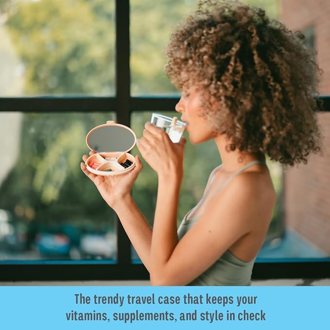 EQUADOSE Oval Compact Pill Case, Portable Organizer with Mirror, Travel Medication Holder with Removable Divider, Small Storage Case for Pills, Vitamins, Earbuds, Jewelry & Daily Essentials, Peach
