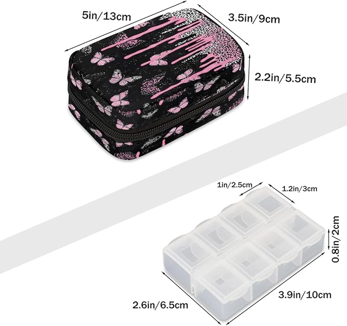 Pink Butterfly Art Pill Case Travel Pill Organizer Weekly 7 Day Portable with Zipper Medicine Box Pill Case for Vitamins, Birth Control,Fish Oils,Medication, Supplements