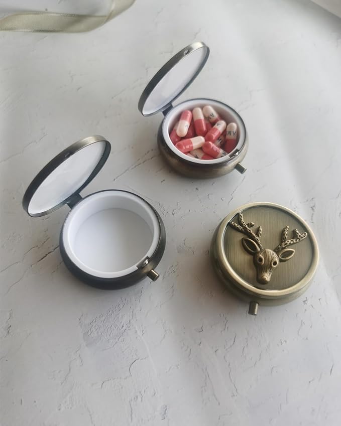 Antique Pill Box Travel Pill Case - Cute Daily Pill Organizer Small Pill Box for Purse, Mini Pocket Pill Case, Round Metal Pill Organizer (Deer)