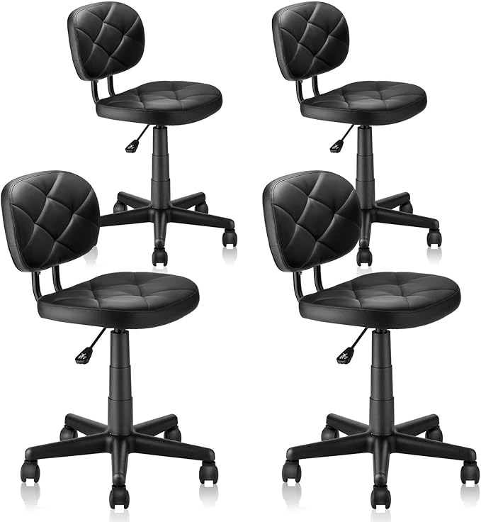 Leather Rolling Stools with Back Support and Wheels Adjustable Height Leather Swivel Salon Stool Chair for Office Massage Facial Medical Drafting Beauty Lab Doctor Tattoo, Black, 4 Pack