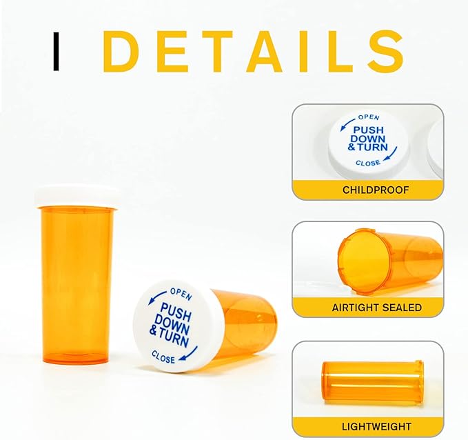 Pill Bottles with Child Resistant Cap, Prescription Vials - Push Down and Turn - Empty Medicine Plastic Containers Safety Cover for Personal Medication & Pharmacy (16dram, Amber, 12pcs)