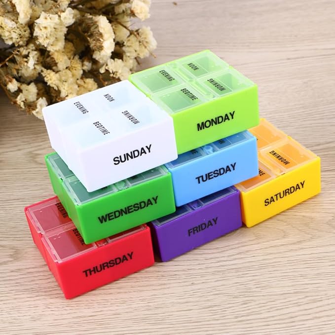 7-Day Weekly Pill Organizer with 28 Compartments 4 Daily Sections Colorful Medicine Box with Push Button Lids for Easy Medication Management at Home