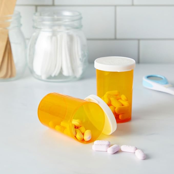 Juvale Empty Pill Bottles with Caps - Easy-Open Plastic Vials with Caps - Compact Travel Pill Bottles - 20 Dram, Orange, Pack of 50