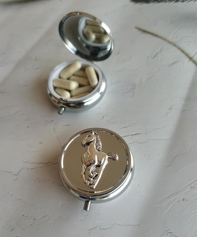 Medicine Pill Organizer Travel Pill Case - Small Pill Box for Purse, Mini Pocket Pill Case for Men, Cute Daily Pill Organizer Weekly Vitamin Pill Holder Round Metal Pill Box (Horse)
