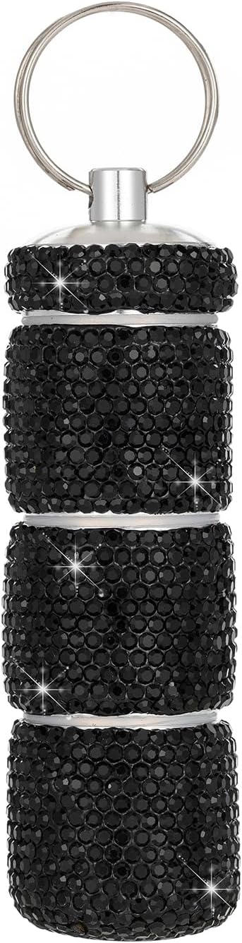 Keychain Pill Holder Box Travel Small Pill Case Bling Portable Purse Medicine Case Container Metal Pill Organizer Fob for Vitamin Medicine(Black)