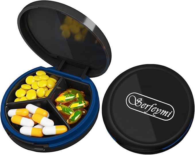 Serfeymi Small Pill Case for Purse, Unique Artistic Patterns Travel Pill Box with 4 Compartments, Portable Mini Pill Organizer for Pocket, Decorative Pill Container for Purse - Black(Logo)