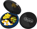 Serfeymi Small Pill Case for Purse, Unique Artistic Patterns Travel Pill Box with 4 Compartments, Portable Mini Pill Organizer for Pocket, Decorative Pill Container for Purse - Black(Logo)