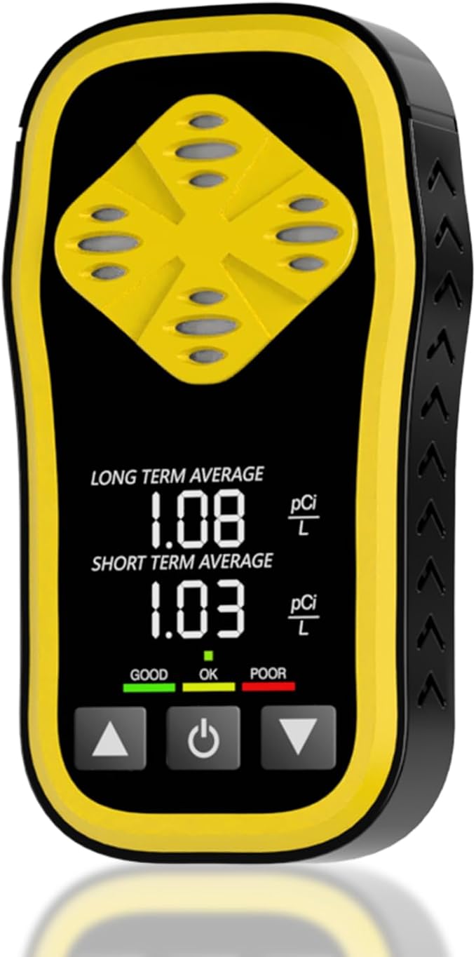 Digital Radon Detector - HD LCD Desktop Monitor with 10-Year Sensor, 2-3 Year Battery (6H Charge), Real-Time pCi/L Readings for Home & Office Safety