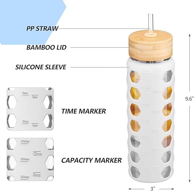 MUKOKO Glass Water Bottles, 24oz Glass Tumbler with Straw, Drinking Bottles with 2 Lids-Handle Spout Lid&Bamboo Straw Lid, Motivational Water Bottle with Time Marker and Silicone Sleeve, 1 Pack-White