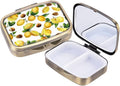 WIRESTER Rectangle Pill Box, 2 Compartment Retro Pill Case with Mirror, Medicine Tablet Vitamin Holder for Pocket Purse Travel - Lemon Leaf Walnuts