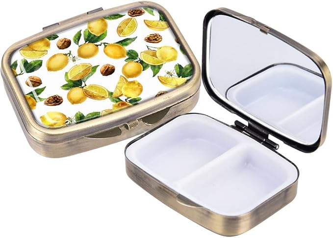 WIRESTER Rectangle Pill Box, 2 Compartment Retro Pill Case with Mirror, Medicine Tablet Vitamin Holder for Pocket Purse Travel - Lemon Leaf Walnuts