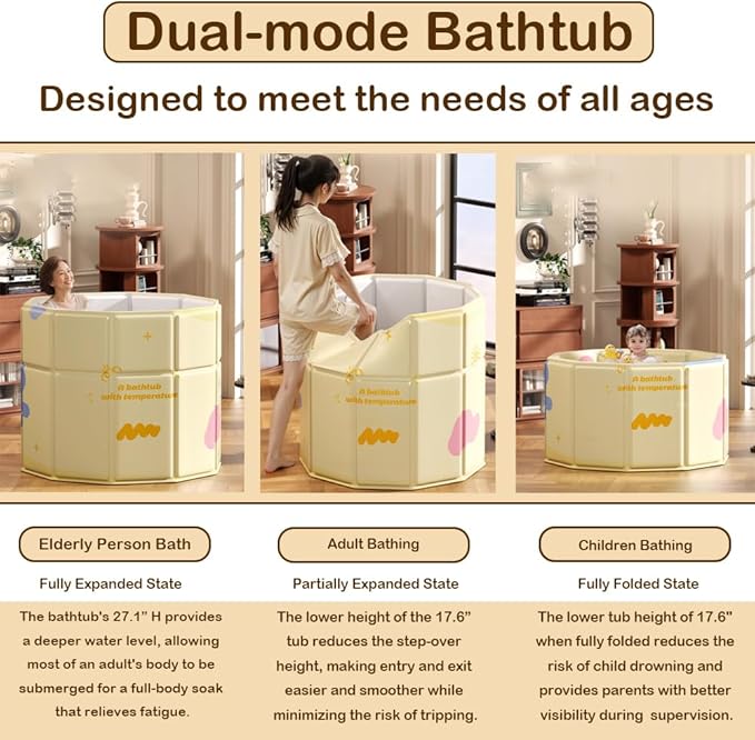 Portable Step-In Round Bathtub for Adults No Installation 31.5"L x 27.1"H Foldable Soaking Bath Tub for Shower Stall, Cold Plunge Collapsible Hot Ice Home SPA Tub (Yellow, 31.5"L x 27.1"H)