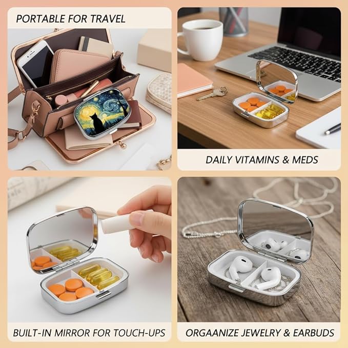 Starry Night Pill Box 2 Compartment Small Pill Case,Portable for Pocket or Purse Pill Organizer Pill Container Holder with Mirror to Hold Vitamins, Medication, Fish Oil and Supplements