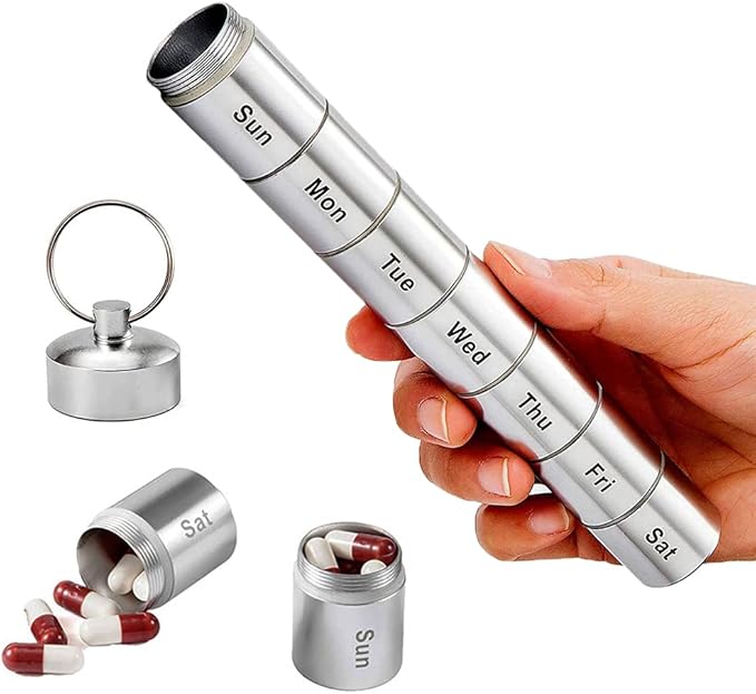 Metal Pill Box 7 Day,Aluminum Alloy Organizer Pill Case,Travel Pill Box Small Container,Waterproof Emergency Medicine Case,7 Stackable Compartments of Mini Pill Box for Outdoor,Adventure,Camping