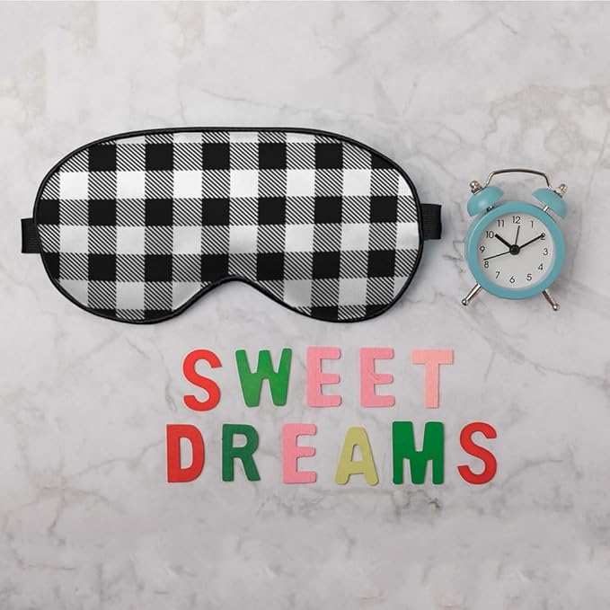 Black and White Plaid Silk Eye Mask Sleep Mask Tartan Checkerboard Squares Pattern Eye Mask with Adjustable Strap Lightweight for Women Work Travel