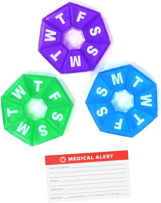 Pillthing Weekly 7 Sided Pill Organzier 3 pack 1 each of Blue Green Purple. Small Pill Box for Travel with Medical Alert Card