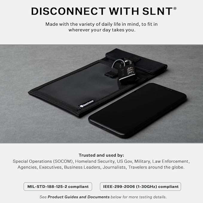Silent Pocket SLNT Lock Out Tag Out Locking Cell Phone Faraday Sleeve w Weatherproof Nylon, Loto Signal Blocking Device Shielding for Phones, Keyfobs, Wallets - Privacy Anti-Hacking (Black, Small)