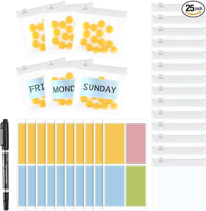 MARFOREVER 25 Pcs Pill Pouch Small Reusable Pouch Bags Clear Medicine Organizer Travel Pill Container Storage 14 Pcs Plastic Medicine Bags 10 Pcs Sheets Labels and A Marker