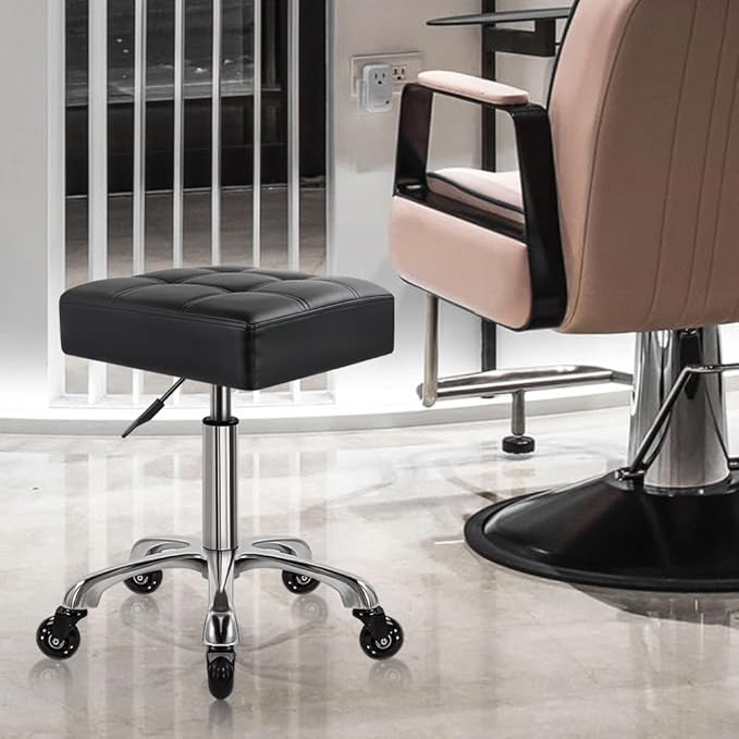 Modern Heavy Duty Rolling Stoool Square Thick Leather Seat 360 Swivel Stool with Wheels Height Adjustable Stool Chair for Home Kitchen Drafting Lab Office Salon Massage（Black）