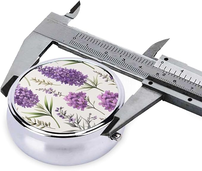 Purple Lavender Colored Flowers Printed Pill Organizer,Round Travel Pill Organizer Mini Medicine Pill Box for Purse Iron Plating