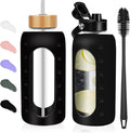 Glass Water Bottles 64 oz - Half Gallon Large Motivational Daily Water Intake Bottle Time Marker - Glass Water Bottle With Straw, Silicone Sleeve 2 Lids, Handle Spout & Bamboo Lid(Black)