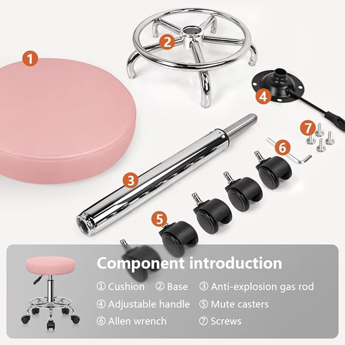 KKTONER PU Leather Round Rolling Stool with Foot Rest Swivel Height Adjustment Spa Drafting Salon Tattoo Work Office Massage Stools Task Chair Cushion 14 inches(Pink)