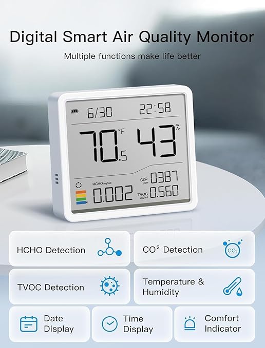 7-in-1 Air Quality Monitor Indoor, Air Analysis Apparatus, 5s Backlight Air Quality Meter for TVOC, HCHO, Temp, Hum, Temperature Humidity Monitor for Home, Office, Hotel