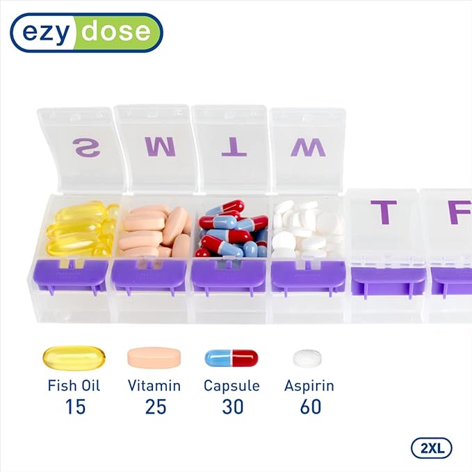 EZY DOSE Weekly (7-Day) Pill Organizer, Vitamin and Medicine Box, Large Push Button Compartments, Clear Lids (Pack of 2)