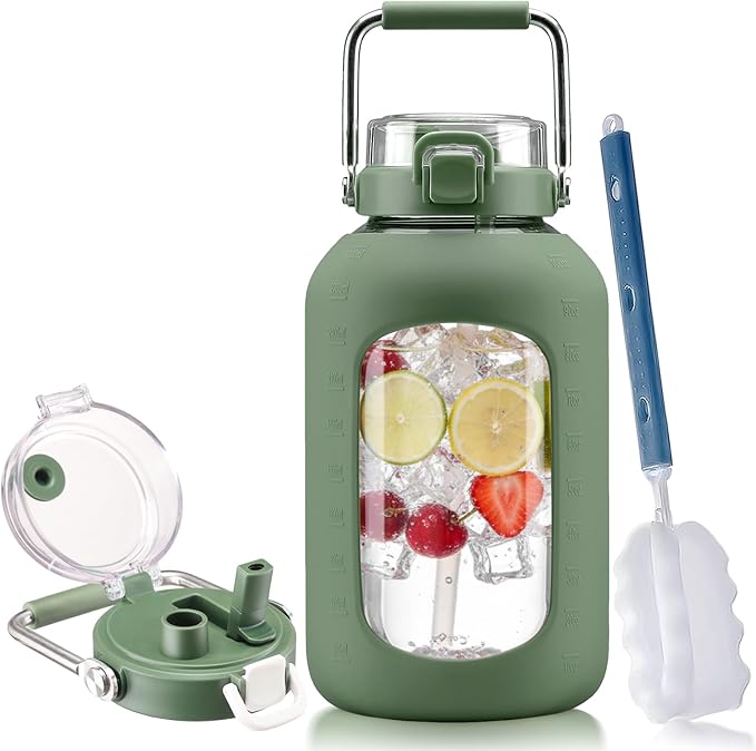 BLUEGO 100 oz Glass Water Bottle with Straw, Huge 3 Liter Water Bottle with Sturdy Handle, Glass Water Jug with Sleeve, Wide Mouth Water Container with Time Marker, Olive