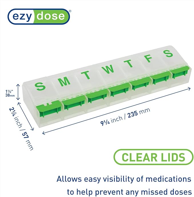 EZY DOSE Weekly (7-Day) Pill Case, Medicine Planner, Vitamin Organizer Box, 2X-Large Push-Button Compartments, Color May Vary, BPA Free