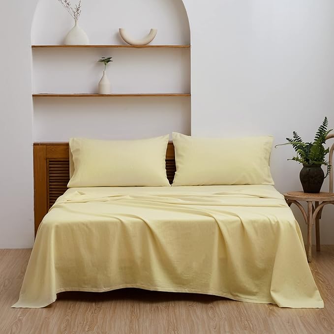 Simple&Opulence Belgian Linen Sheet Set Solid Color - 4 Pieces (1 Flat Sheet, 1 Fitted Sheet & 2 Pillowcases) Natural Flax Cotton Blend Soft Breathable Farmhouse Bedding - Queen Size, Pale Yellow
