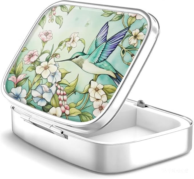 WATASSA Pill Box with Animal Style Mirror All-in-One 2-Compartment Portable Medicine Organizer, Marble Pattern Travel Pill Case for Vitamins&Daily Medication(Fits Pocket/Purse) (Emerald Bird)