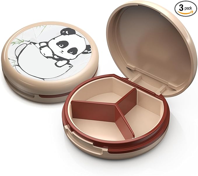 Serfeymi Small Pill Case for Purse, Unique Artistic Patterns Travel Pill Box with 3 Compartments, Portable Mini Pill Organizer for Pocket, Decorative Pill Container for Purse - White(Panda)