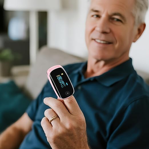 Rechargeable Pulse Oximeter with Respiration, Pink OLED Display Fingertip Oxygen Monitor, Track SpO2 Pulse Rate PI and RR, Fast Accurate Reading Lanyard Included for Home and Outdoor Sports