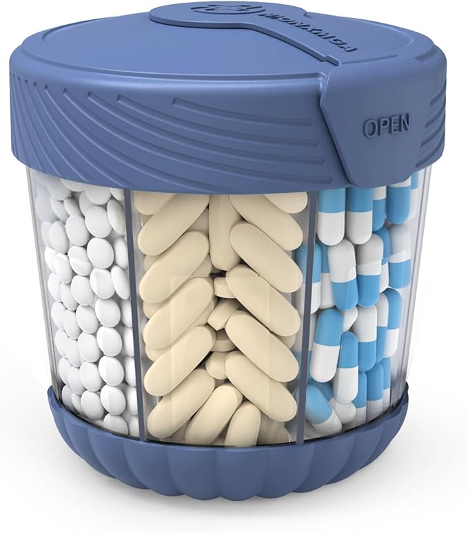 Large Pill Dispenser with 7 Compartments, Portable Pill Bottle Organizer for Travel, Anti-Mix Supplement Organizer Easy Twist Wide-Opening, BPA-Free Pill Box Container with 20Pcs Labels,Blue