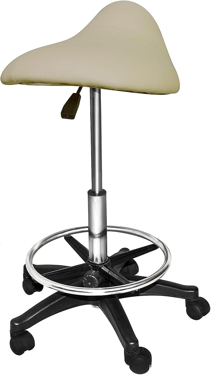 PureSana Chromium Professional James 360-Degree Full Rotational Saddle Cutting Stool with Adjustable Air Life Mechanism & Wheel Casters, Tan