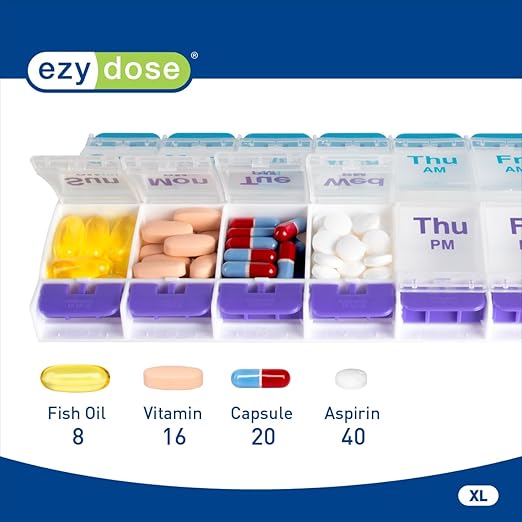EZY DOSE Push Button (7-Day) Pill Case, Medicine Planner, Daily Vitamin Organizer, 2 Times a Day AM/PM, X-Large Compartments, Arthritis Friendly, Easy to use, Clear Lids, Purple and Blue, BPA Free
