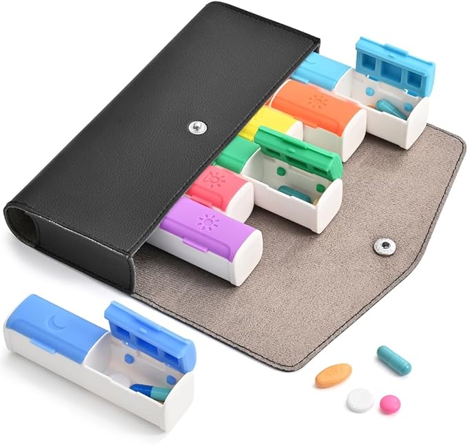 Weekly Pill Organizer, 7-Day Medicine Box, 2-3-4 Times Daily, Black Leather Travel Case (2 Compartment)