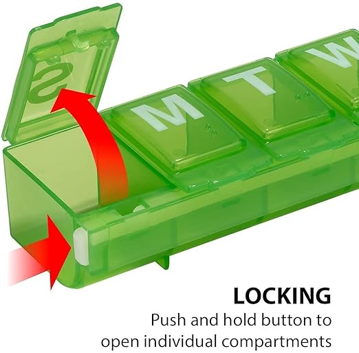 EZY DOSE Weekly (7-Day) Daily Pill Container, Medicine Planner, Vitamin Organizer, Large Locking Compartments Secure Prescription Medication and Prevent Accidental Spilling, Color May Vary, BPA Free