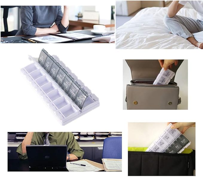Pill Box Organiser 7-Day Weekly for AM PM Day Night Twice a Day, Pill Case with 14 Compartments for Vitamin Capsule Supplements Press Open Black-White (2time1day-blk)