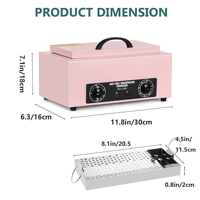 Professional Nail Tool Sterilizer Box, 2.2L Dry Heat Cleaning Cabinet with Temperature Control, Timer for Manicure Pedicure SPA Salon Barber Equipment (Pink)