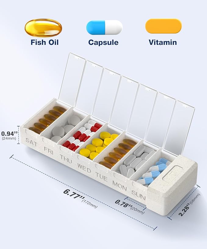 HEIYING Pill Organizer with Aluminum Shell for One Week Capacity, Portable 7 Compartments Pill Box Container to Hold Vitamin, Medicine, Supplements