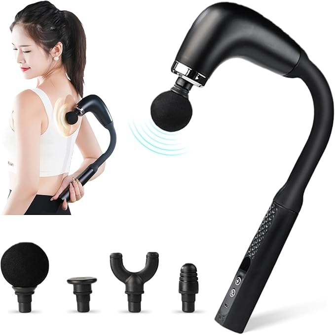 Deep Tissue Massage Gun for Back & Full Body – Long Handle Percussion Muscle Massager with 4 Replaceable Heads, Adjustable Speeds & Quiet Motor – Relieve Muscle Pain, Soreness & Stiffness (Black)