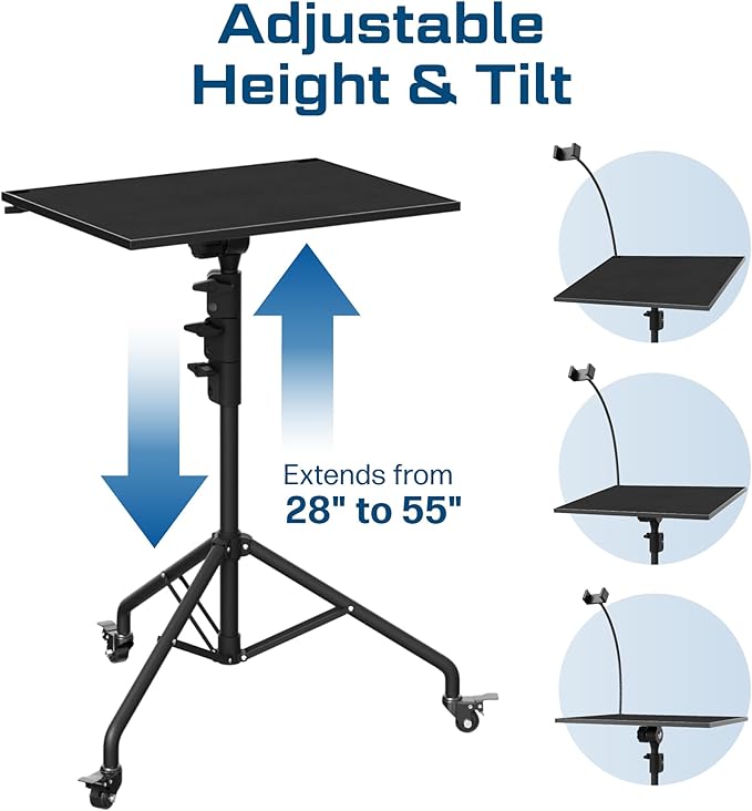 Projector Stand Tripod Laptop Tripod with Wheels & Adjustable Height Portable Podium Stand with Phone Holder Projector Holder for Home, Office, School & DJ Matte Black
