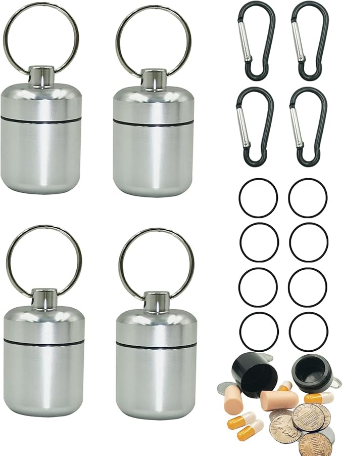 4 Pieces keychain pill holder,Waterproof Seal Small Pill Box Mountaineering Keychain Portable Aluminum Alloy Pill Container Portable Coin Storage earplug case (Silver)
