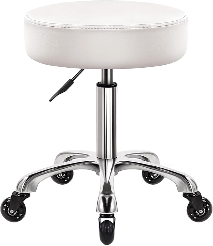 Heavy Duty Rolling Stool with Wheels Hydraulic Swivel Adjustable Rolling Stool Ergonomic Thick Leather Seat Chair for Kitchen Drafting Lab Office Salon Massage – White