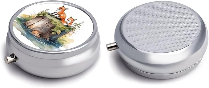 Hand Drawn Fox Pill Box Travel Pill Case for Purse Pocket Weekly Medicine Organizer with Mirror 3 Compartment Round Medicine Case Portable PillcaseHolder for Daily